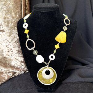 Chico's Yellow White Silvertone Easy Necklace Bold Light Bright Adjustable Chain